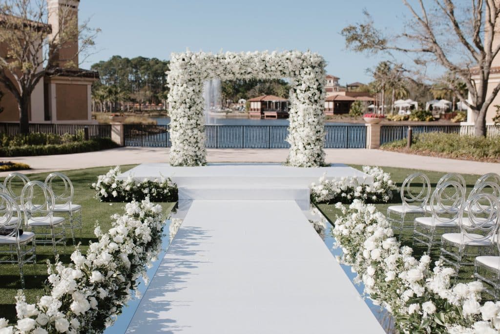 wedding ceremony set up, square arch with white flowers adoring all sides, Orlando, Four Seasons Orlando at Walt Disney World Resort