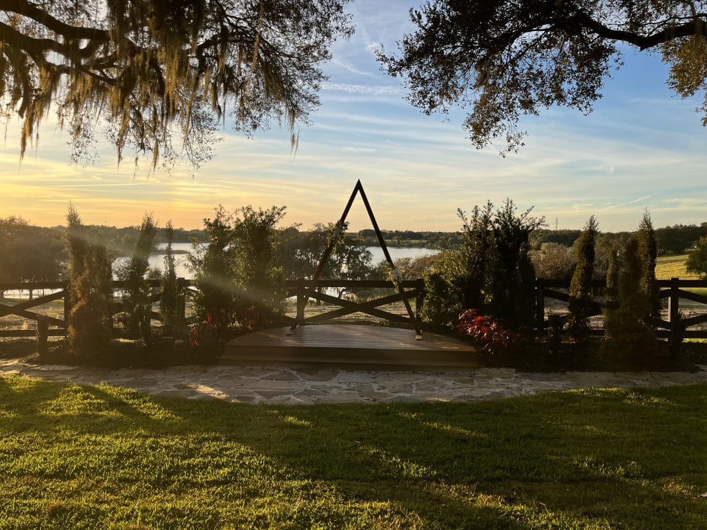 The Mulberry Estate property, at sunset, altar set up overlooking the water, Orlando, FL