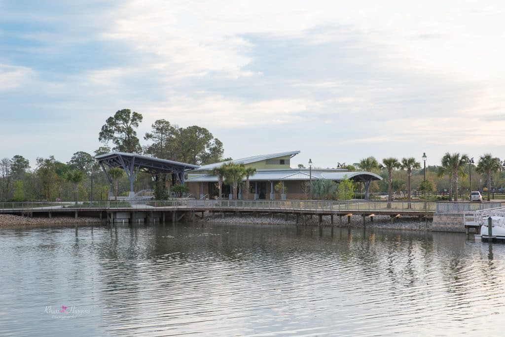 Oviedo Amphitheatre and Cultural Center, on the lake, clear skies, Central FL