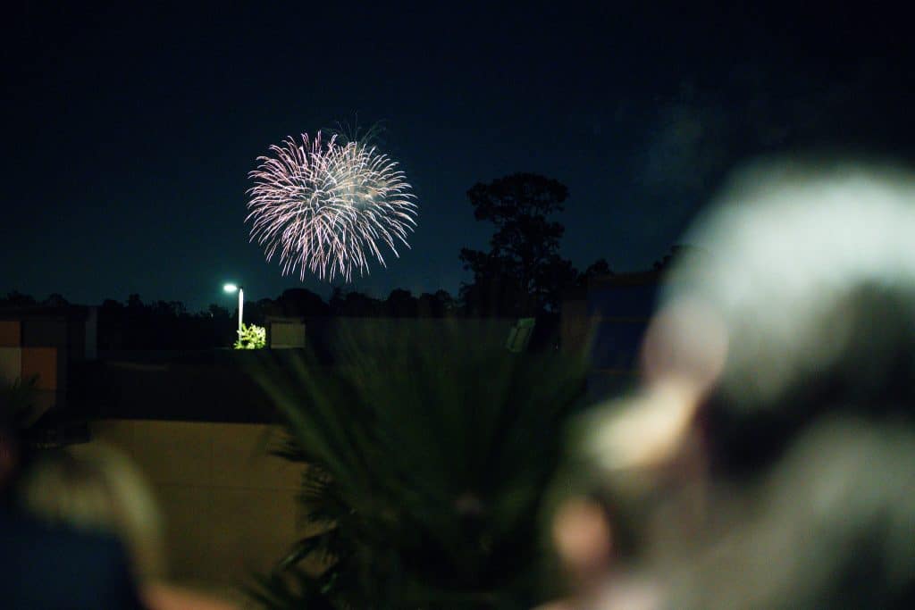 view of fireworks in the distance, from the rooftop, Orlando, FL