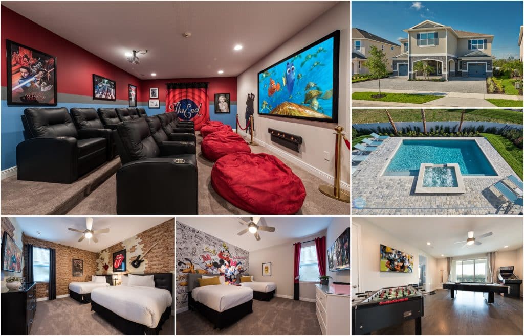 five photos collaged of the pool, guest rooms, movie theater and game room areas, Rentyl Resort, Orlando, FL