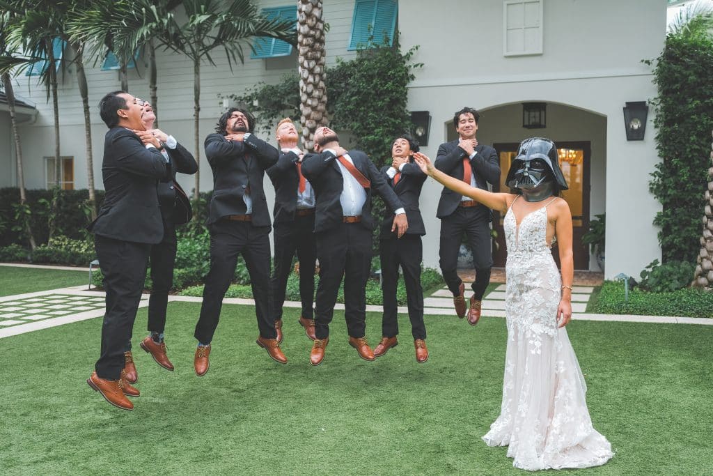 Bride wearing a darth vader mask, using the force to lift the groom and bridal party from the ground, Polk Bros Photo.Video.DJ, Central FL