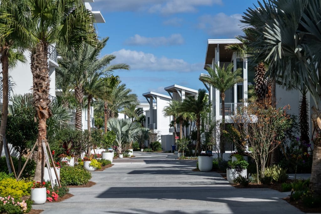 outdoor walkway, palm trees, Evermore Orlando Resort, Orlando, FL