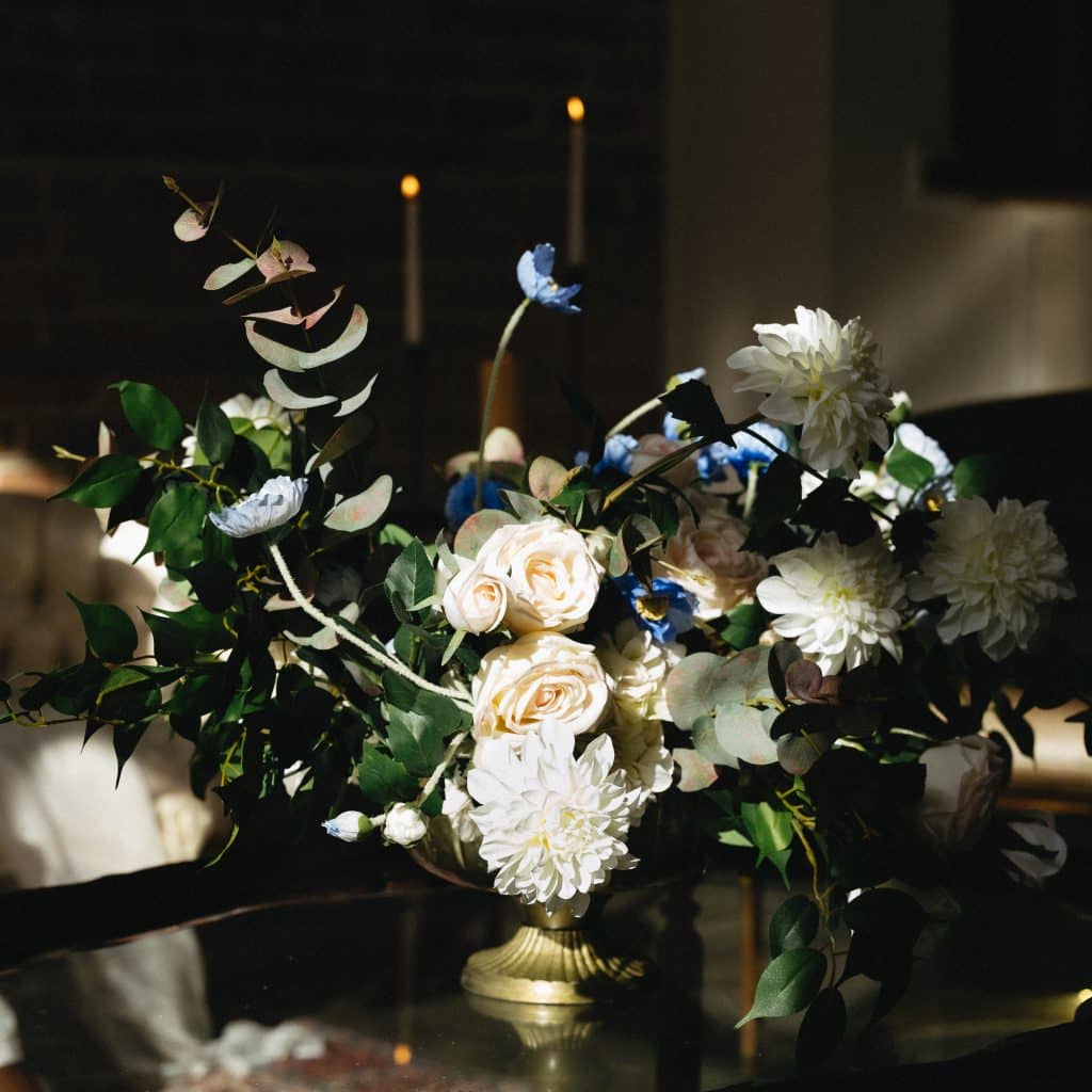 floral centerpieces, white and blue flowers, candlelight, FauxReal Flowers, Orlando, FL