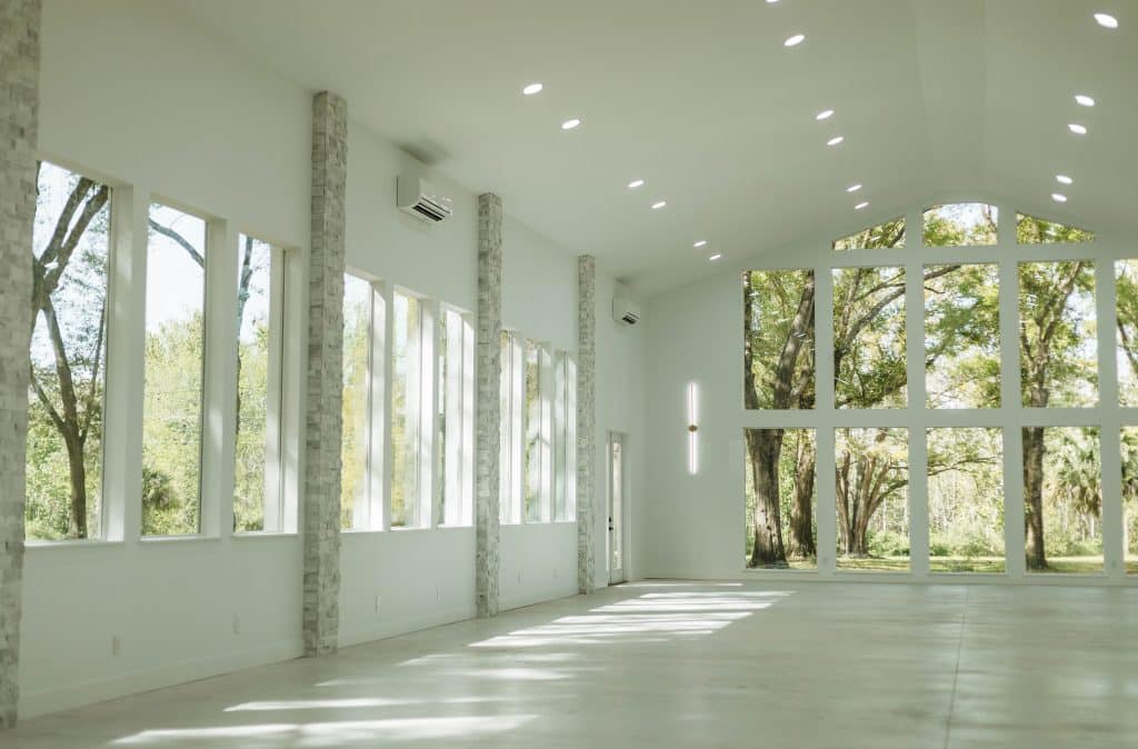 indoor venue, The Whitewood Ranch, tall windows, white walls, Orlando, FL