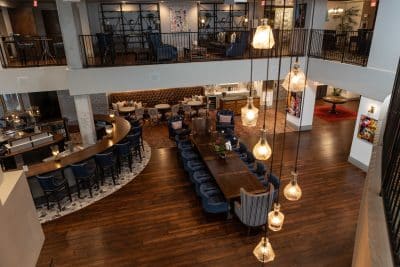venue set up for a wedding reception, aerial view, indoors, Eola View, Orlando, FL