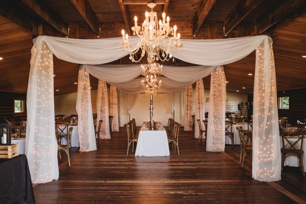 indoor wedding venue, reception set up, chandeliers hanging from the ceiling, Orlando, FL