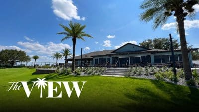 front view of the View venue, palm trees, large green lawn, blue skies, Orlando, FL