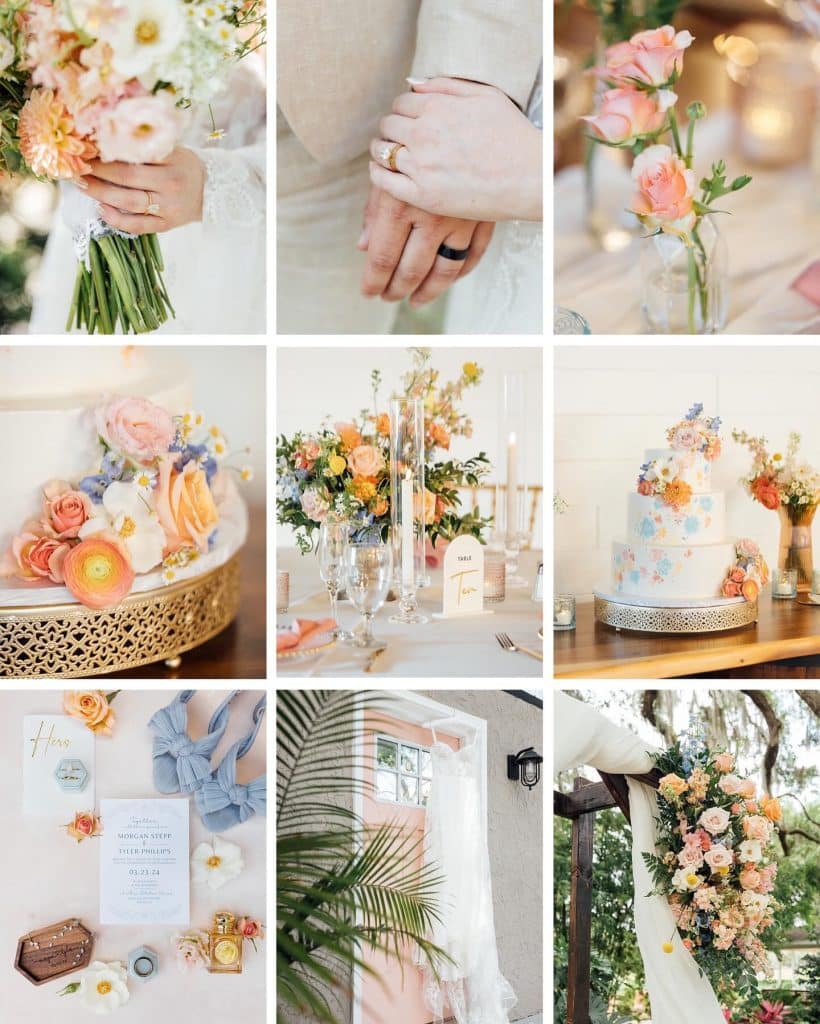 collage of photos from the wedding, flower bouquet, holding hands with wedding rings, table set with centerpieces, flat lay of wedding items, wedding dress hanging from the door, floral arrangement on the pergola, Orlando, FL