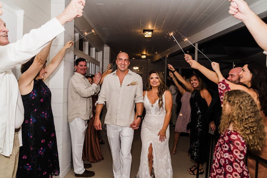 wedding couple walking through their guests lined up at their reception, sparklers held above, Orlando, FL