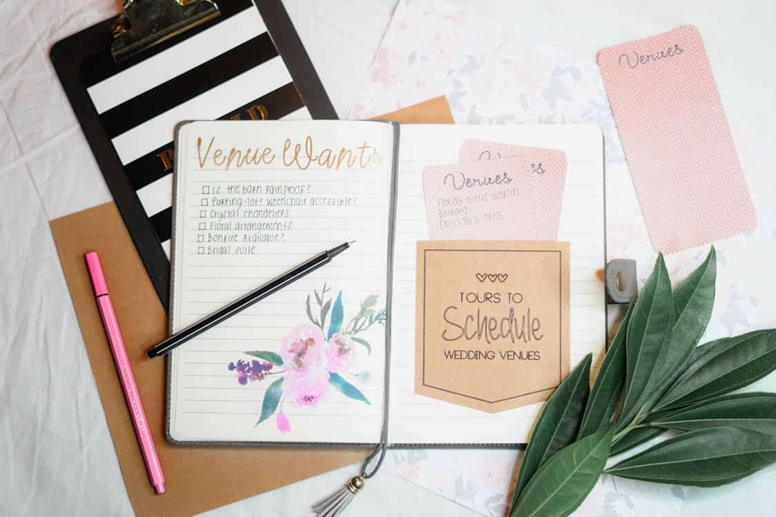 picture of someone using things to create a wedding planning checklist