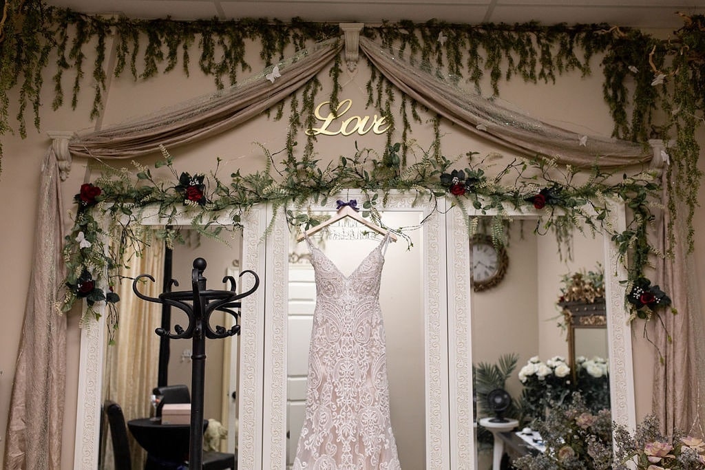 wedding dress hanging in the birdal suite area, Orlando, FL