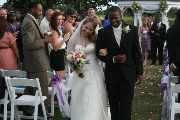 bride and groom leaving their ceremony, outdoors, Orlando, FL