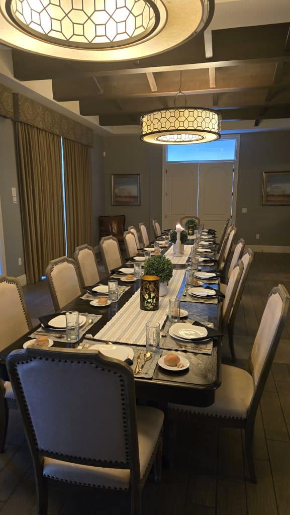 dinner table set up, striped runner, indoors, Orlando, FL