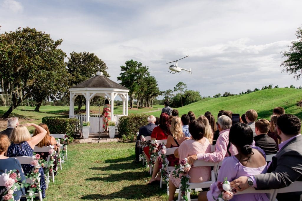 wedding ceremony, outdoors, helicopter landing, gazebo, Orlando, FL