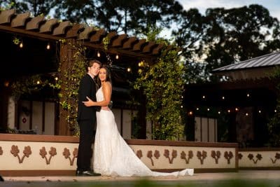 bride and groom embracing, outdoors, Sprengergarten, Orlando, FL