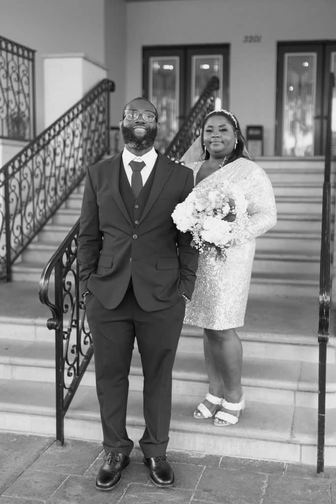 black and white photo of a wedding couple, posing for the camera, Ventura Country Club, Orlando, FL