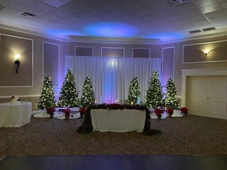 head table, Christmas trees behind with a white sheer backdrop, Ventura Country Club, Orlando, FL