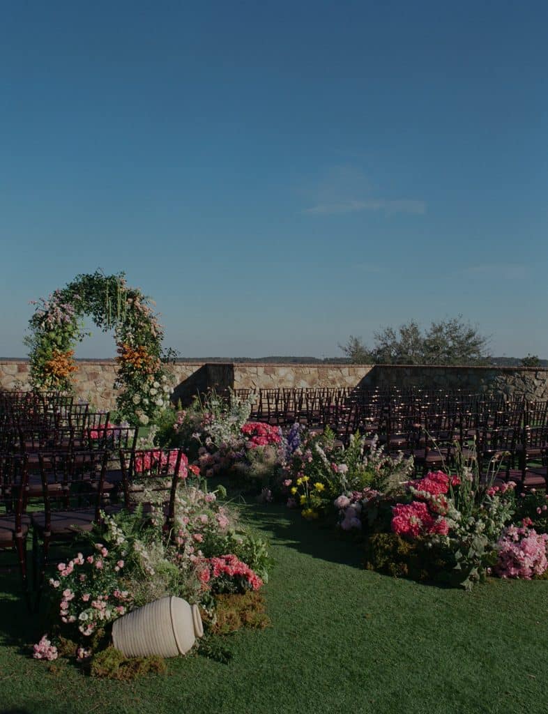 garden area at the venue, pink flowers, chairs set up, Orlando, FL