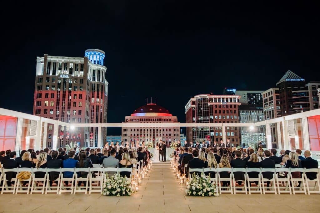 rooftop ceremony at night, city skyline in the background, Dr. Phillips Center for Performing Arts, Orlando, FL