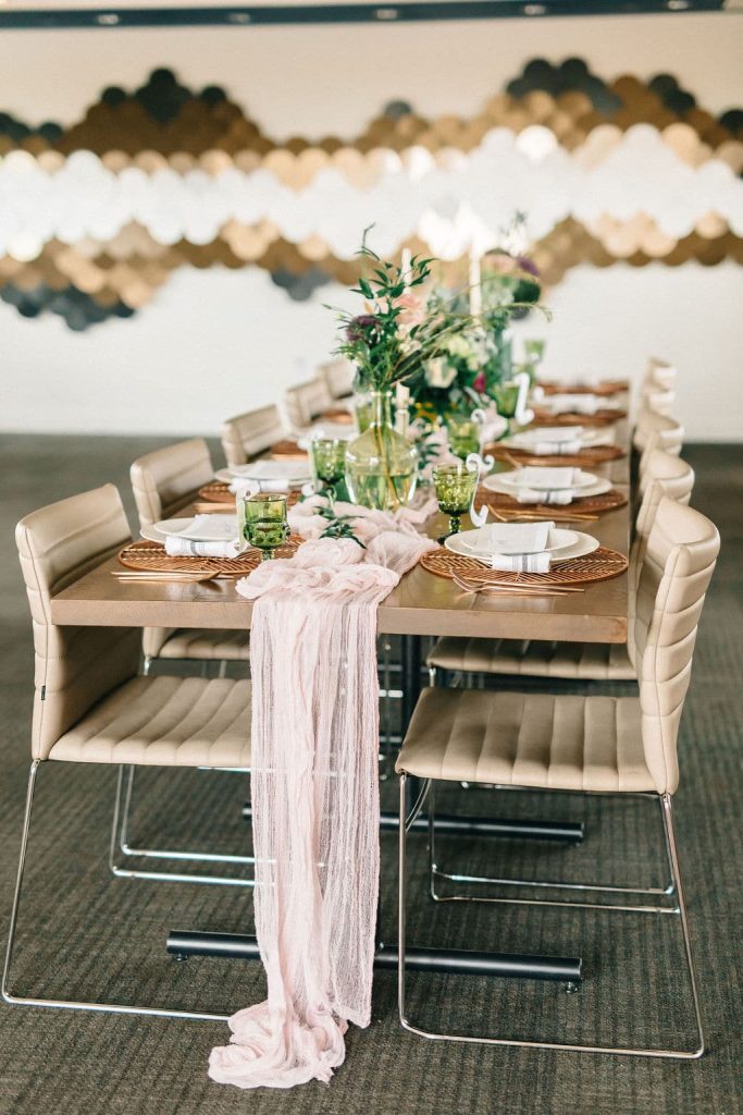 reception table, light pink runner on wooden table, centerpieces and candles on the table, Paddlefish, Orlando, FL