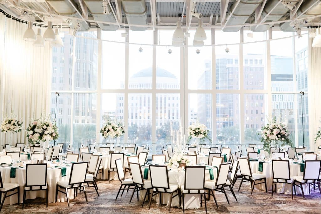 large ballroom area, reception set up with round tables, large windows, Dr. Phillips Center for Performing Arts, Orlando, FL