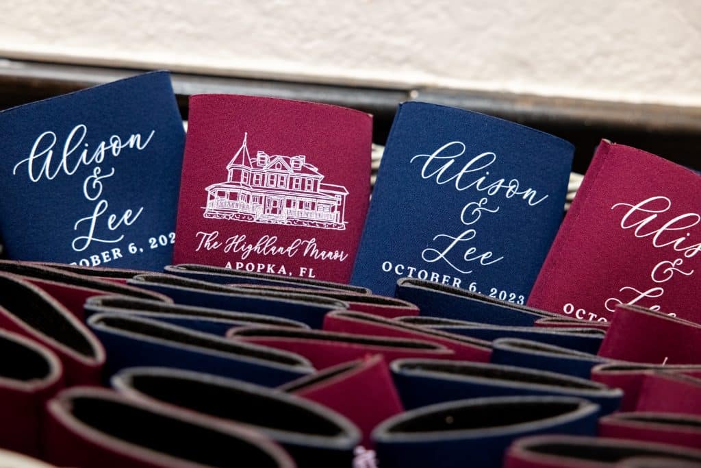 Burgundy and Navy wedding koozies