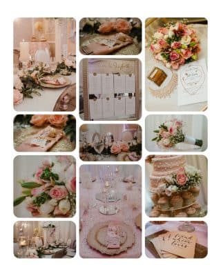 flatlay of wedding items, invitations, table cards, catering, seating chart, floral bouquet, table set for dinner, Veranda Elegant Events, Orlando, FL