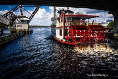 close up view of the Barbara Lee boat, back side with red paddles in view, Orlando, FL