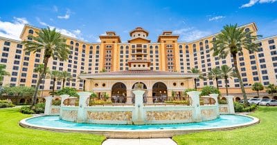 frontal view of the Rosen Shingle Creek hotel, fountain in the center, Orlando, FL
