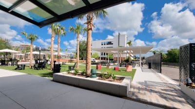 outdoor patio area outside the Great Souther Box Co., food hall & bar, Orlando, FL
