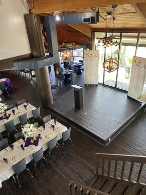aerial view of the stage and podium in the dining room, Orlando, FL