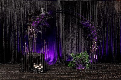 wedding altar set up, purple uplighting, purple curtain behind, candles on the floor, green plant, Orlando, FL