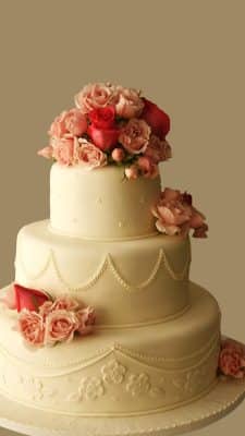 three layer cake, white frosting, pink and fascia flowers on top and on the side of each layer, Bake Me a Cake, Orlando, FL