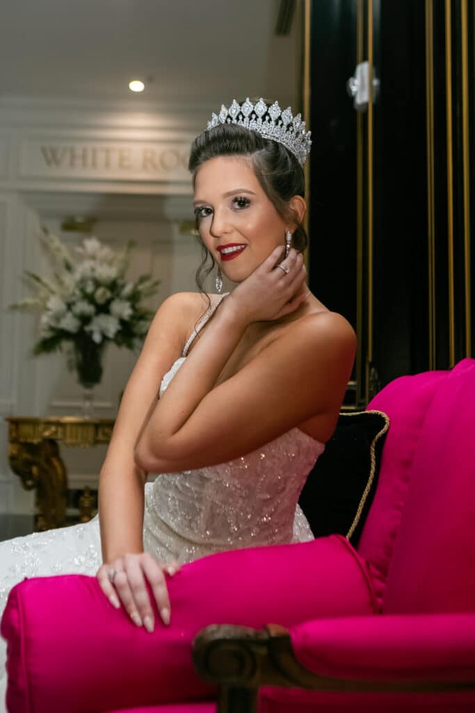 close up of a bride in her gown, wearing a tiara, pink love seat, Dream Day Digital, Orlando, FL