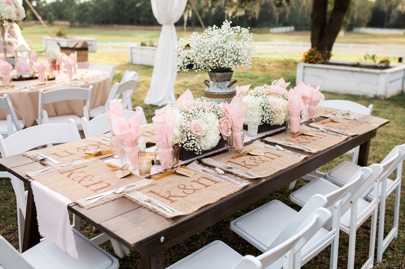 pink and white flowers, K&N placemats, white chairs, Orlando, FL