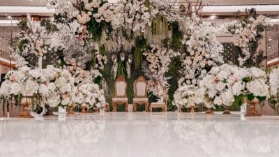 large floral display surrounding head table chairs, white and pink flowers, JW Marriott Bonnet Creek, Orlando, FL