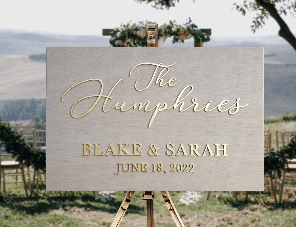 The Humphries wedding sign, gold lettering, outdoors, Petal + Grain Designs, Orlando, FL