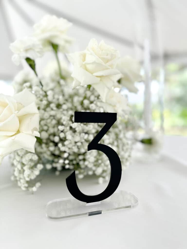 table number 3, black, white floral centerpiece, white tablecloth, Petal + Grain Designs, Orlando, FL