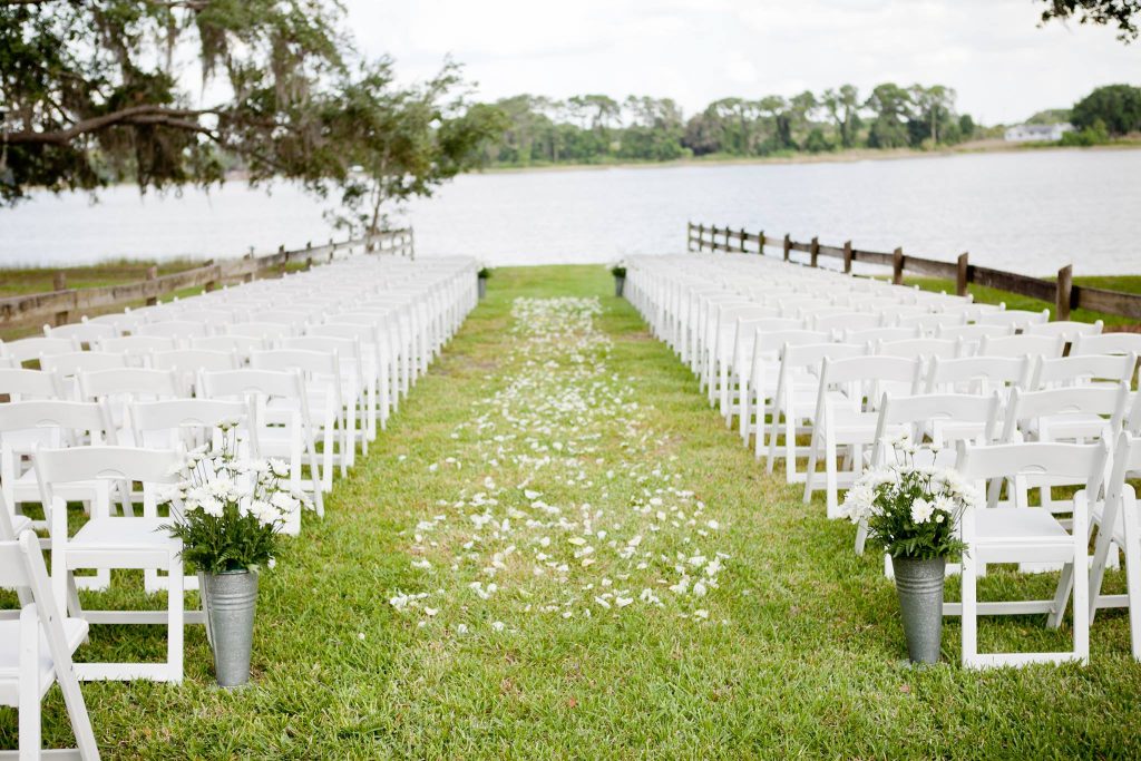 ceremony set up on the lawn, white chair rentals, Orlando, FL