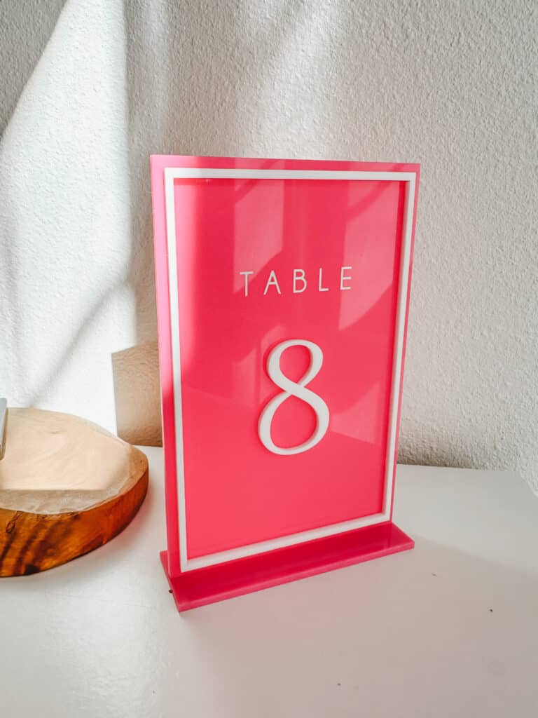 table sign, number 8, red, Petal + Grain Designs, Orlando, FL