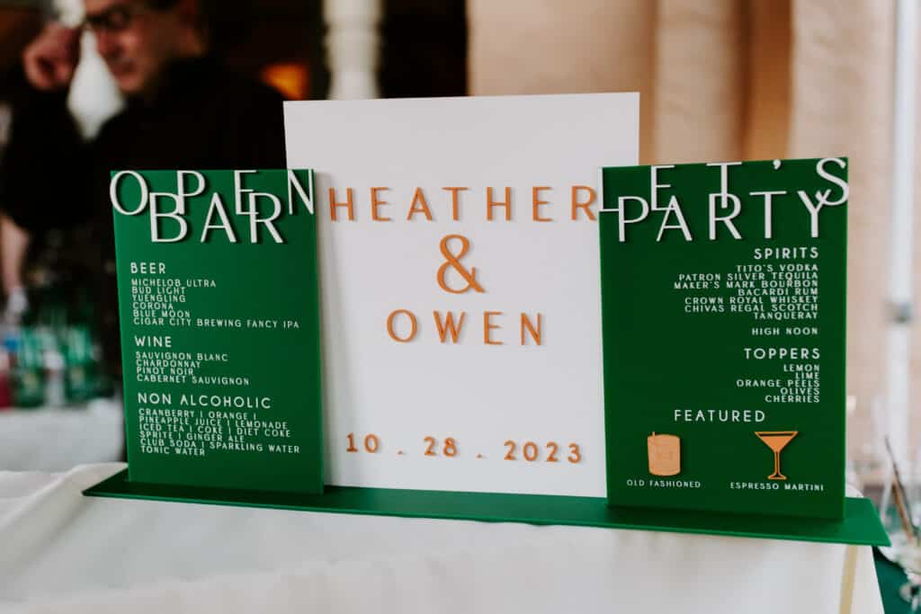 signage at the wedding reception, Heather & Owen, Open Bar, Let's Party, Petal + Grain Designs, Orlando, FL