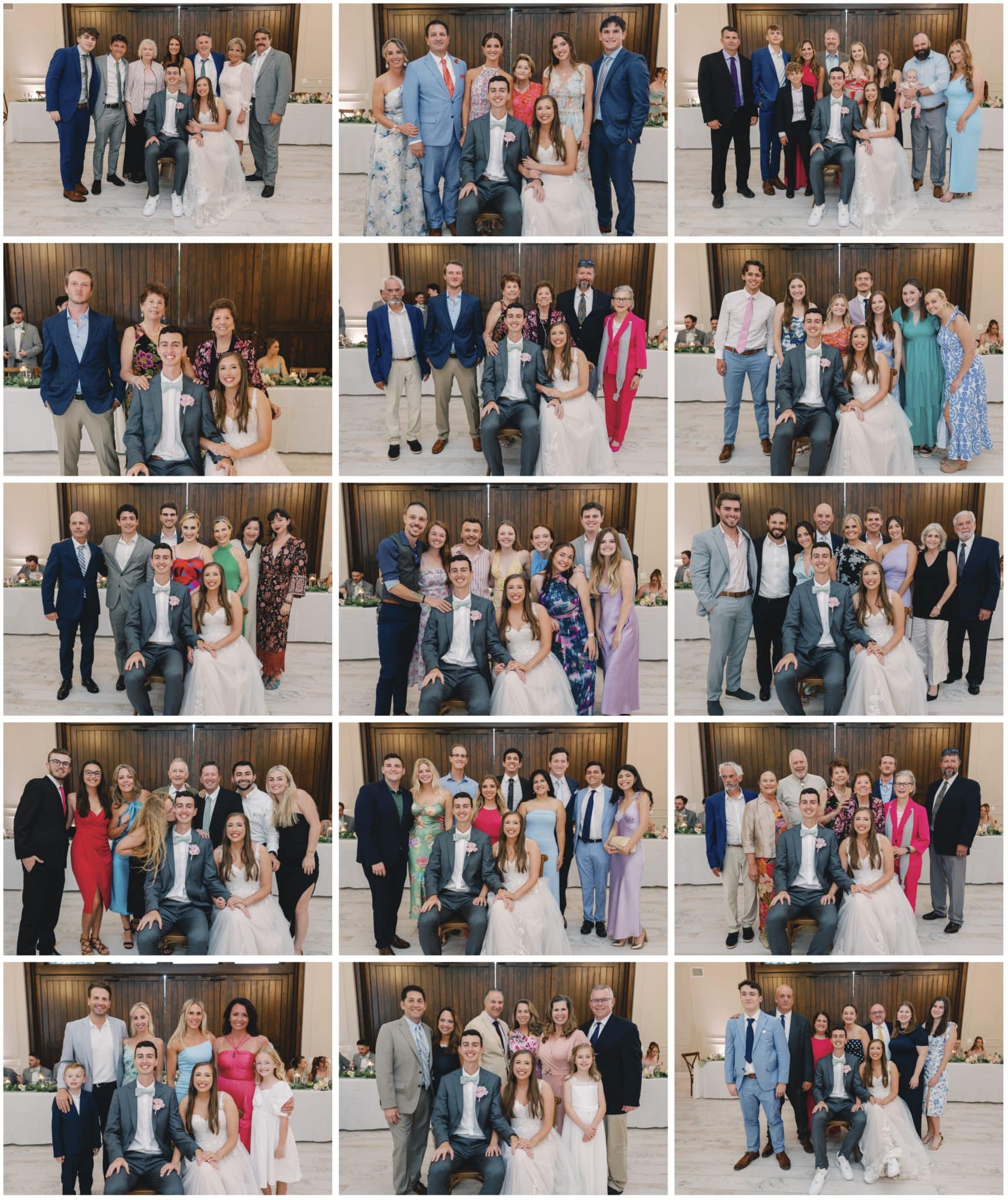 Image compiled of multiple images of one wedding with the couple taking pictures with guests from each table