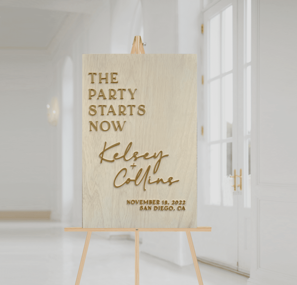 wedding sign, Kelsey & Collins, indoors, white walls, wooden easel, Orlando, FL