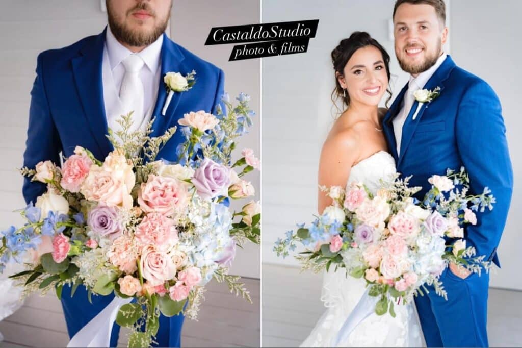 bride and groom standing for the camera, large floral bouquet, make up, Orlando, FL