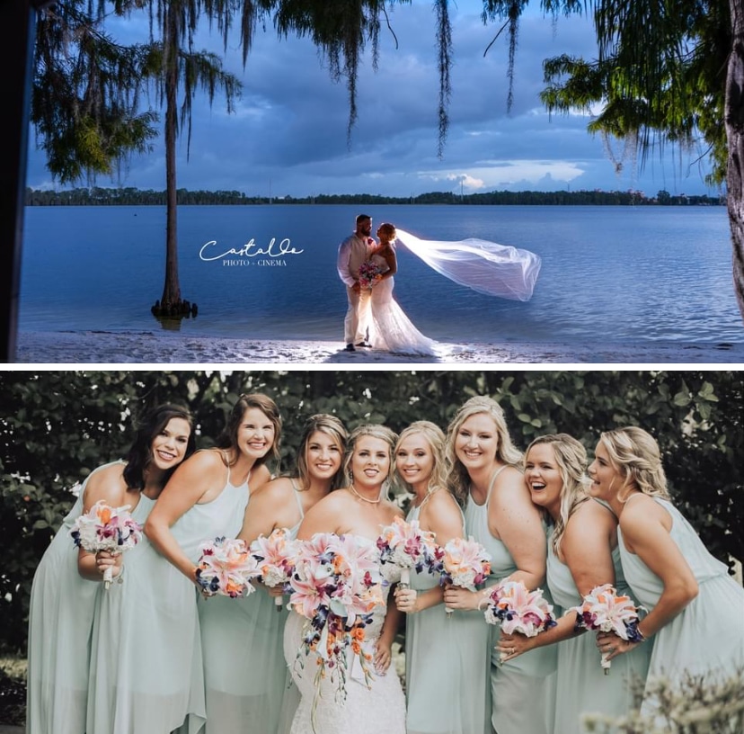 bridal party in their mint green dresses posing with the bride, all hair and make up done for the wedding, Faces by Shannon, Orlando, FL