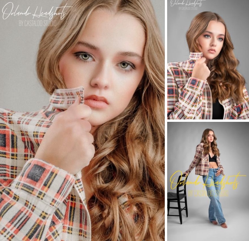 3 images of a young woman posing for the camera in her flannel shirt, two with close ups of her make up, Faces by Shannon, Orlando, FL