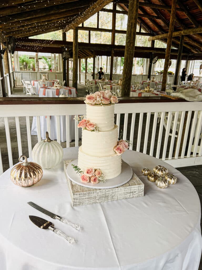 three tiered wedding cake, pink flowers adorning the sides, white tablecloth, Iced by Taylor, Orlando, FL