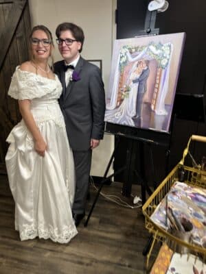 oil painting of the couple standing in front of a beautifully decorated entrance, Keepsake Studio, Orlando, FL