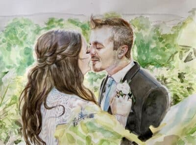 watercolor painting of the couple kissing white surrounded by greenery, Orlando, FL